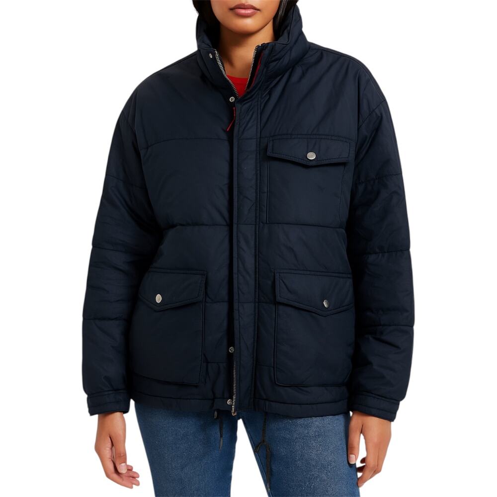 J. Crew Down Puffer Jacket Snow Winter High Neck Pockets Zip Navy Blue Medium